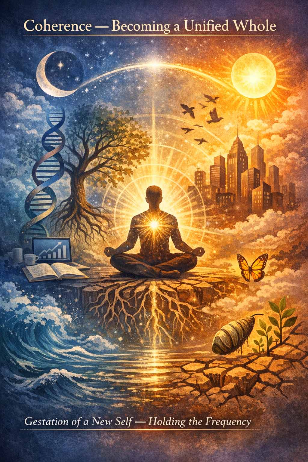 A person standing in quiet alignment, representing coherence and becoming whole